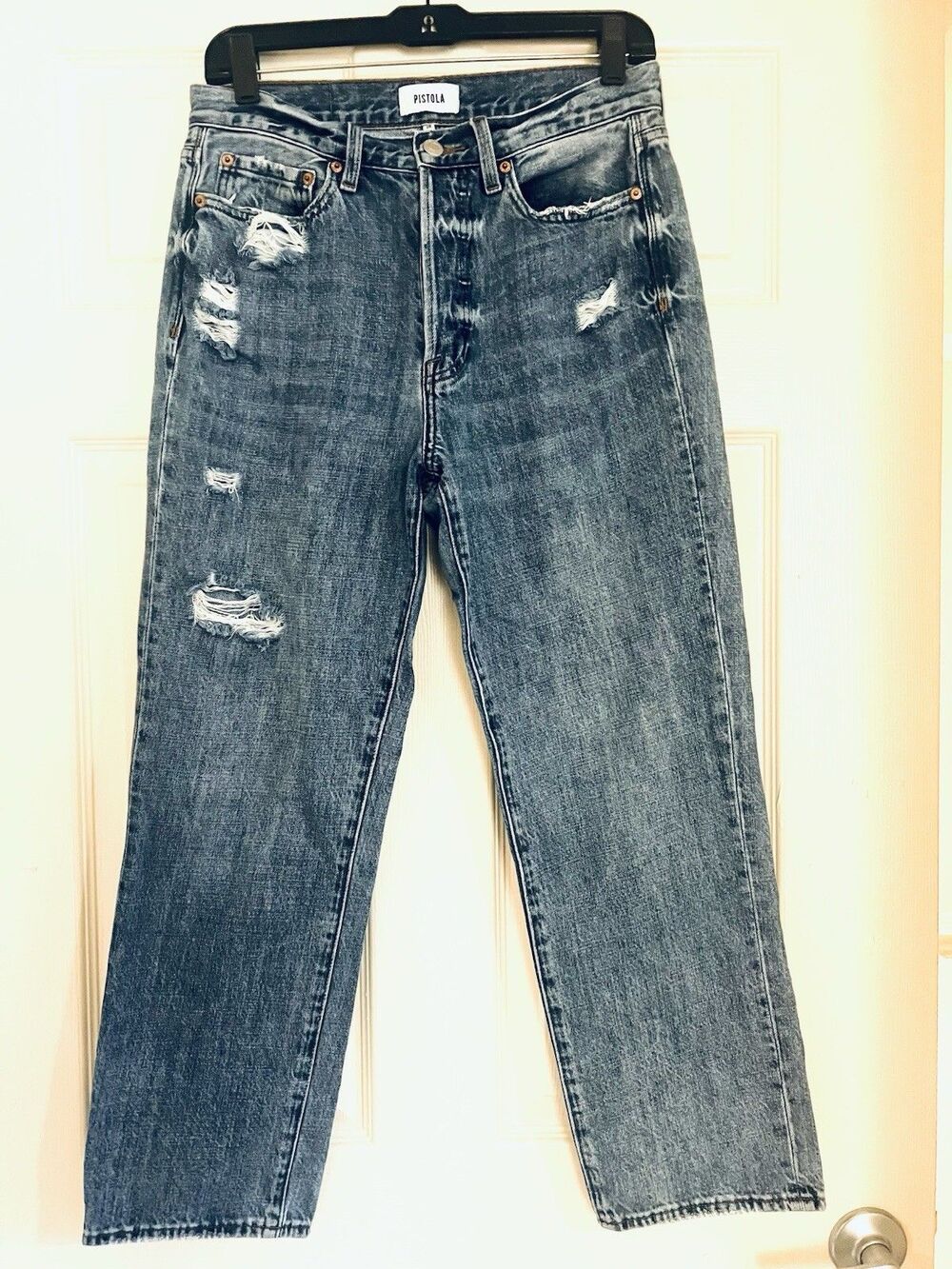 PISTOLA Charlie High Rise Straight Jeans Distressed Button Fly Size 28 Ankle